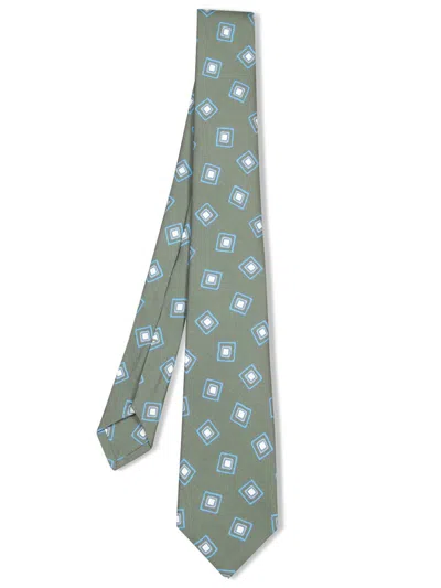 Kiton Green Silk Tie With Geometric Pattern