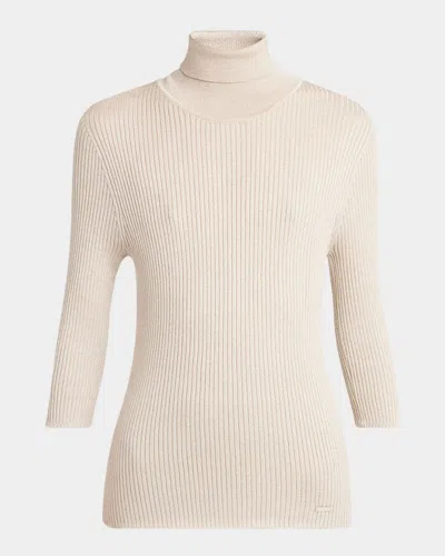 Kiton Turtleneck Metallic Rib 3/4-sleeve Sweater In Neutral