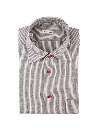 Kiton Vertical-stripe Logo-button Shirt In Gray