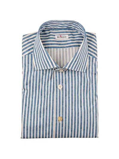 Kiton Vertical-stripe Spread-collar Shirt In Blue