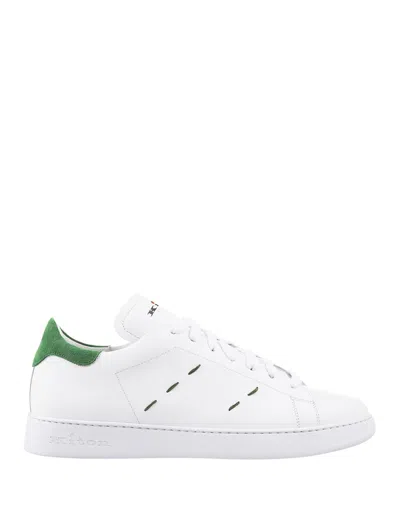 KITON WHITE LEATHER SNEAKERS WITH GREEN DETAILS