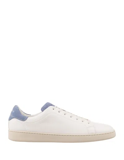 KITON WHITE LEATHER SNEAKERS WITH LIGHT BLUE DETAILS