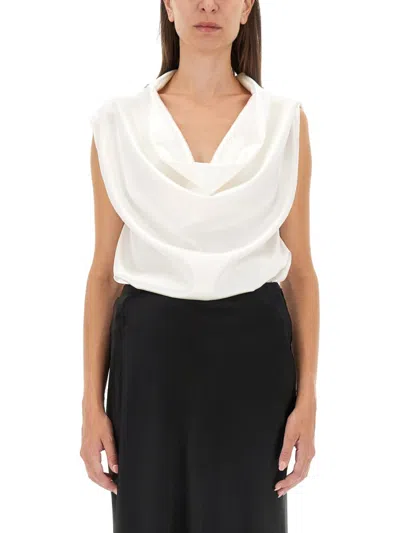 Kiton White Solid Cowl Neck Top