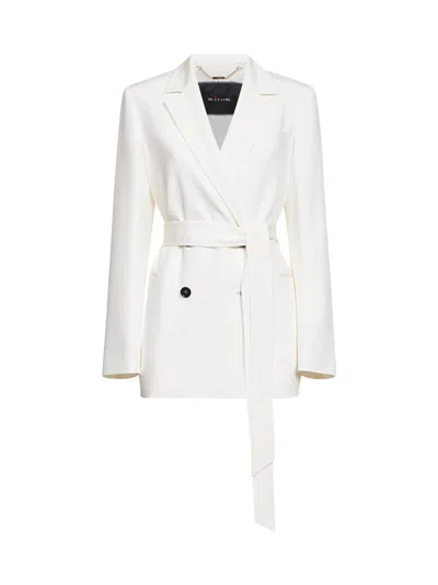 Kiton White Stretch Silk Satin Belted Double-breasted Blazer