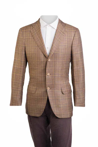 Kiton Windowpane Cashmere-linen-silk Sport Jacket In Brown