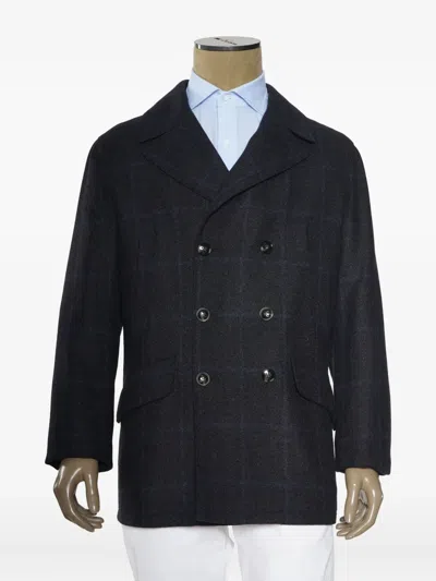 Kiton Windowpane Double Breasted Cashmere-silk Jacket In Black