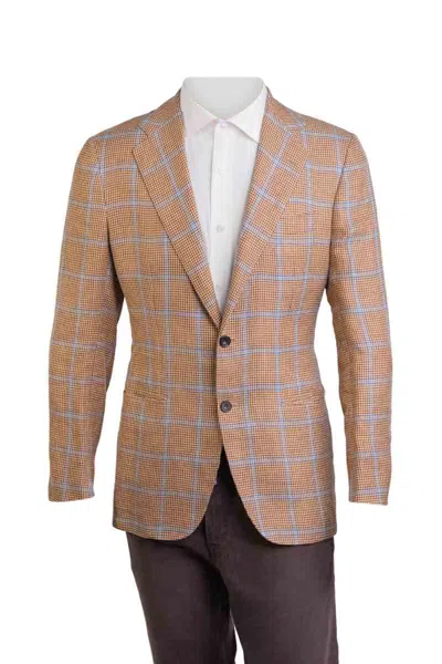Kiton Windowpane Linen-silk Sport Jacket In Orange