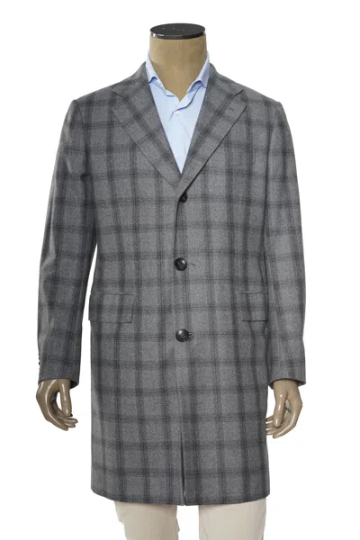 Kiton Windowpane Wool Button Down Overcoat In Gray