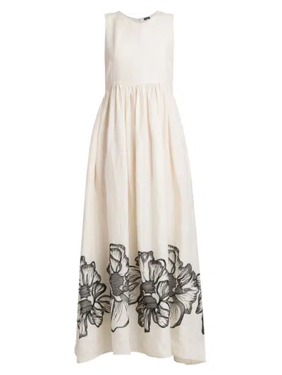 Kiton Women's Sleeveless Floral Linen Maxi Dress In White Black