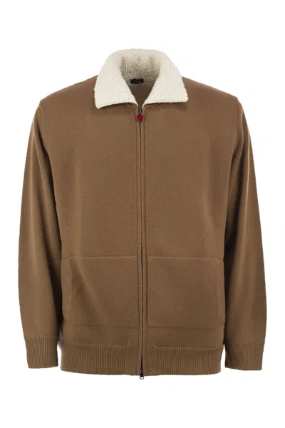 Kiton Wool And Cashmere Cardigan With Shearling-effect Collar In Animal Print