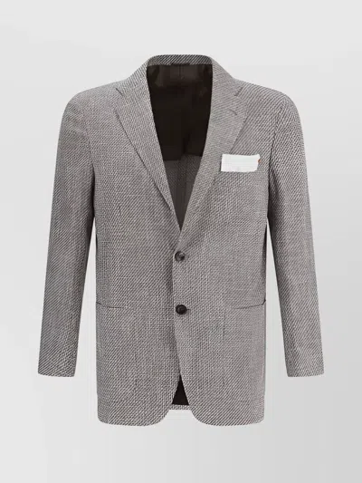 Kiton Wool Blazer Jacket With Geometric Lapels And Slit Pocket In Brown