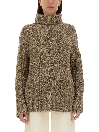 Kiton Cable Knit High Neck Oversize Sweater In Brown