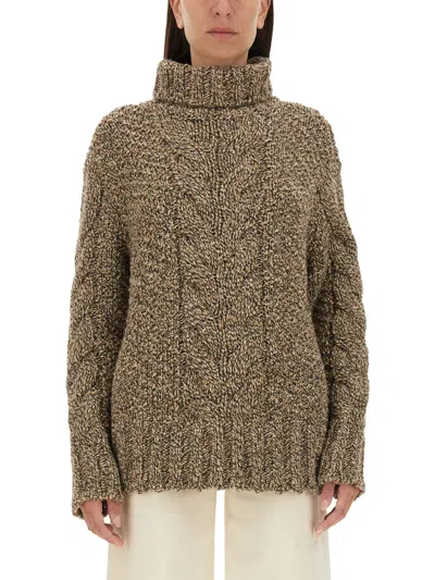 Kiton Cable Knit High Neck Oversize Sweater In Brown