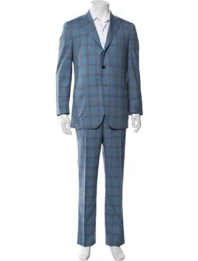 Pre-owned Kiton Wool Plaid Print Two-piece Blazer In Blue