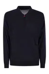 Kiton Wool Long Sleeve Polo With Ribbed Cuffs And Hem In Blue