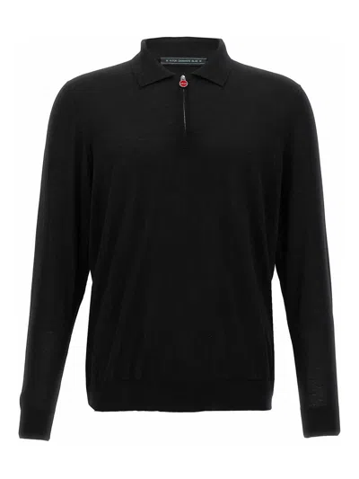 Kiton Wool Long Sleeve Polo With Ribbed Cuffs And Hem In Black