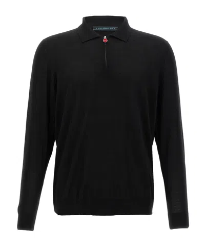 Kiton Wool Long Sleeve Polo With Ribbed Cuffs And Hem In Black