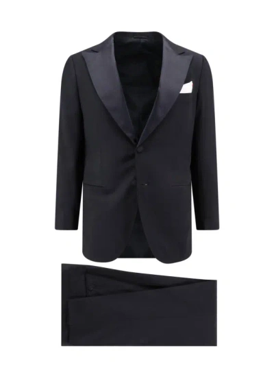 Kiton Wool Tuxedo With Satin Profiles In Black