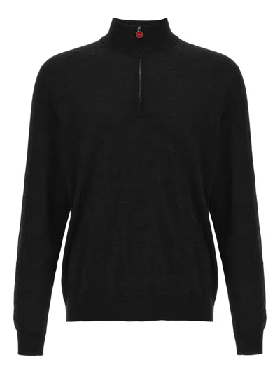 Kiton Wool Long Sleeve Polo With Ribbed Cuffs And Hem In Black