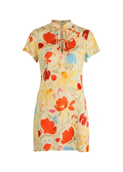 Kitri Gretchen Floral-print Satin Mini Dress In Yellow