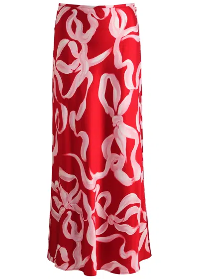Kitri Layla Printed Satin Maxi Skirt In Red