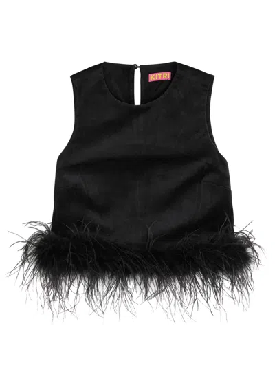 Kitri Loulou Cropped Feather-trimmed Velvet Top In Black