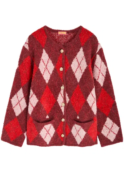 Kitri Pandora Argyle-intarsia Knitted Cardigan In Burgundy