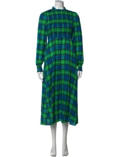 Pre-owned Kitri Plaid Print Long Dress In Green