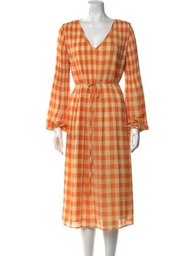 Pre-owned Kitri Plaid Print Midi Length Dress In Orange