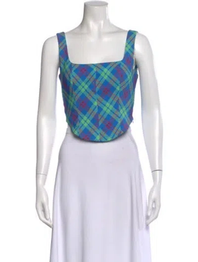Pre-owned Kitri Plaid Print Square Neckline Crop Top In Blue