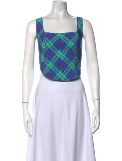 Pre-owned Kitri Plaid Print Square Neckline Crop Top In Blue