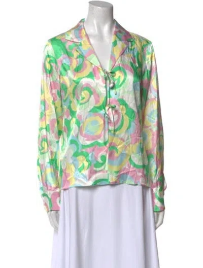 Pre-owned Kitri Printed V-neck Blouse In Green