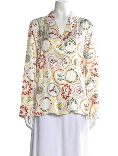 Pre-owned Kitri Printed V-neck Blouse In White
