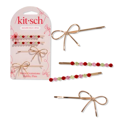 Kitsch Metal Gemstone And Bow Bobby Pins 4 Piece Set