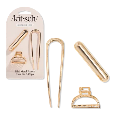 Kitsch Mini Metal French Hair Pin & Clips 3 Piece Set - Gold