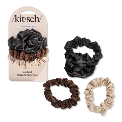 Kitsch Rosette Ruched Satin Scrunchies - Black In Multi