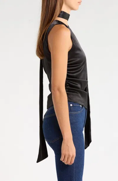 Kittenish Casey Satin Scarf Neck Top In Black