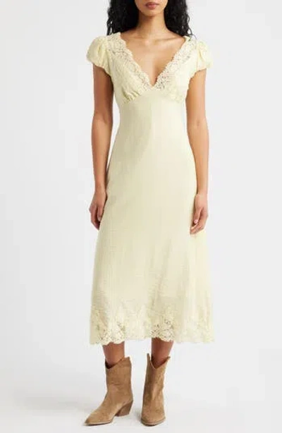 Kittenish Eyelash Lace Trim Puff Sleeve Maxi Dress In Neutral