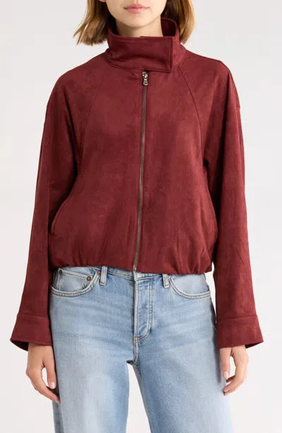 Kittenish Faux Suede Bomber Jacket In Red