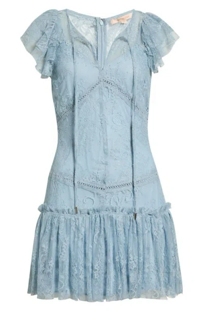 Kittenish Flutter Sleeve Drop Waist Lace Minidress In Blue