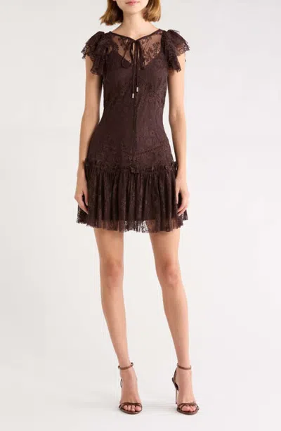 Kittenish Flutter Sleeve Drop Waist Lace Minidress In Brown