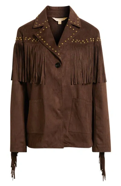 Kittenish Fringe Detail Faux Suede Jacket In Brown
