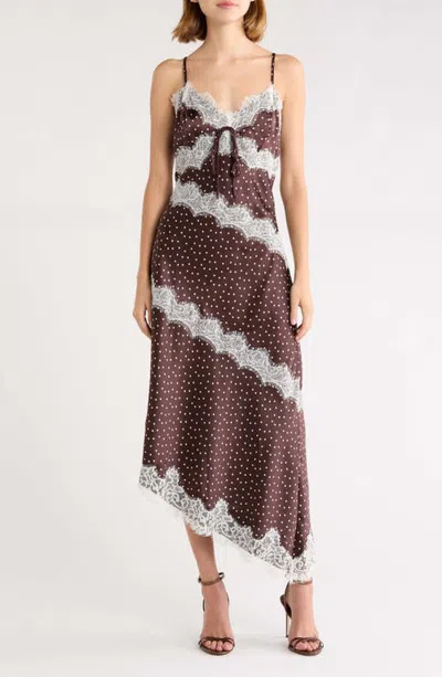Kittenish Lace Trim Satin Asymmetric Midi Dress In Multi