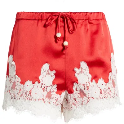 Kittenish Lace Trim Satin Shorts In Red