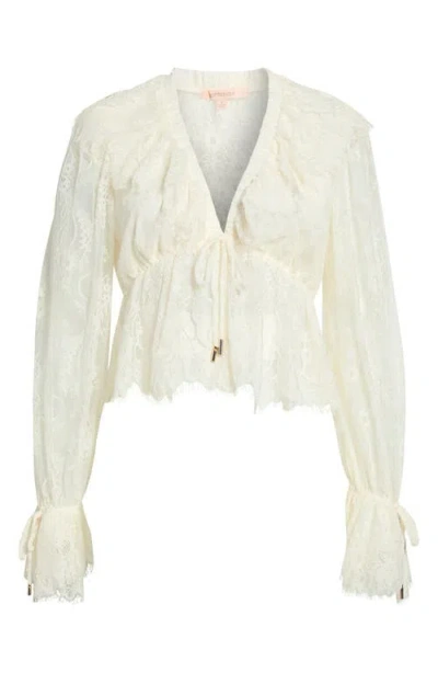 Kittenish Long Sleeve Crop Lace Top In Egret
