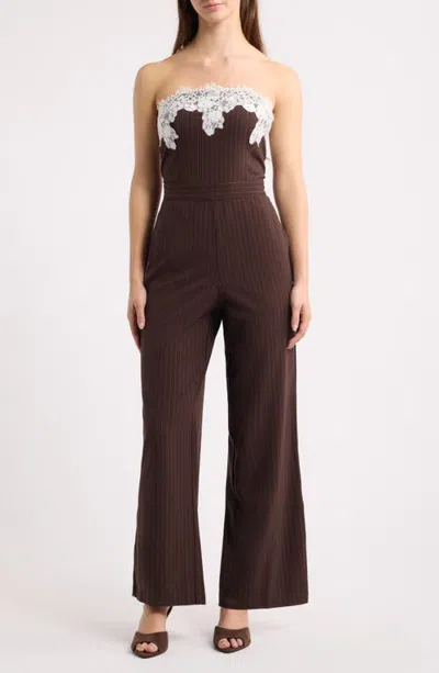Kittenish Pinstripe Strapless Lace Trim Jumpsuit In Brown