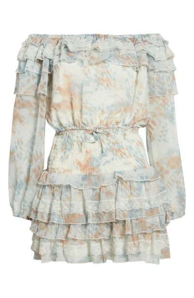 Kittenish Ruffle Off The Shoulder Long Sleeve Smocked Waist Minidress In Multi
