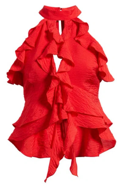 Kittenish Ruffle Trim Halter Top In Red