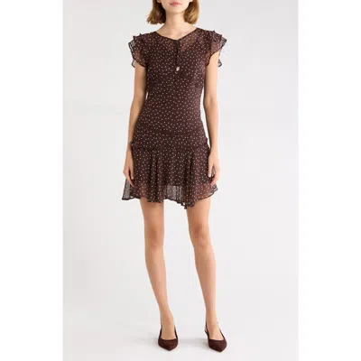 Kittenish Semi Sheer Polka Dot Ruffle Trim Drop Waist Minidress In Brown