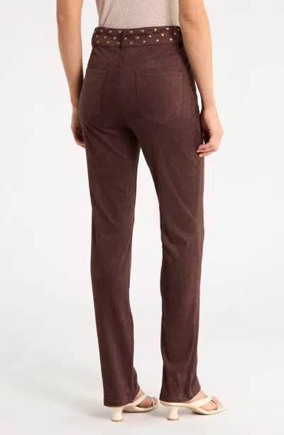Kittenish Studded Rivet High Waist Faux Suede Skinny Pants In Brown